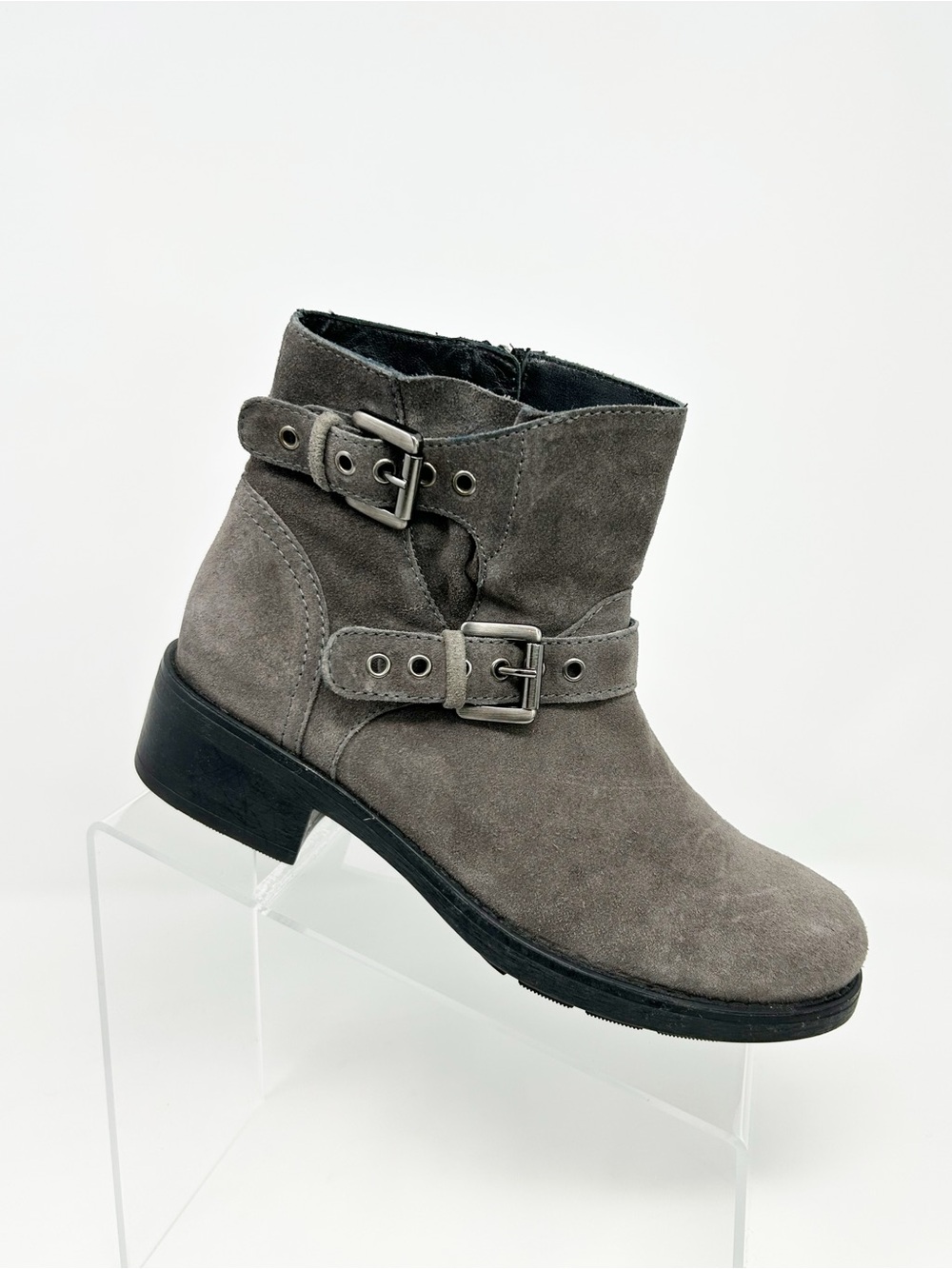 Aquatalia Women's Gray Moto Biker Ankle Boots Double Buckle Side Zip Size 6.5